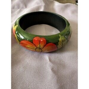 Wooden Bangle Bracelet Hand Painted Flowers  Pattern Lacquer Size 6.75-7.0”